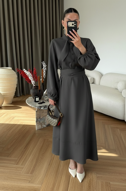 Ayşima Yaka Detaylı Elbise ANTRASİT
