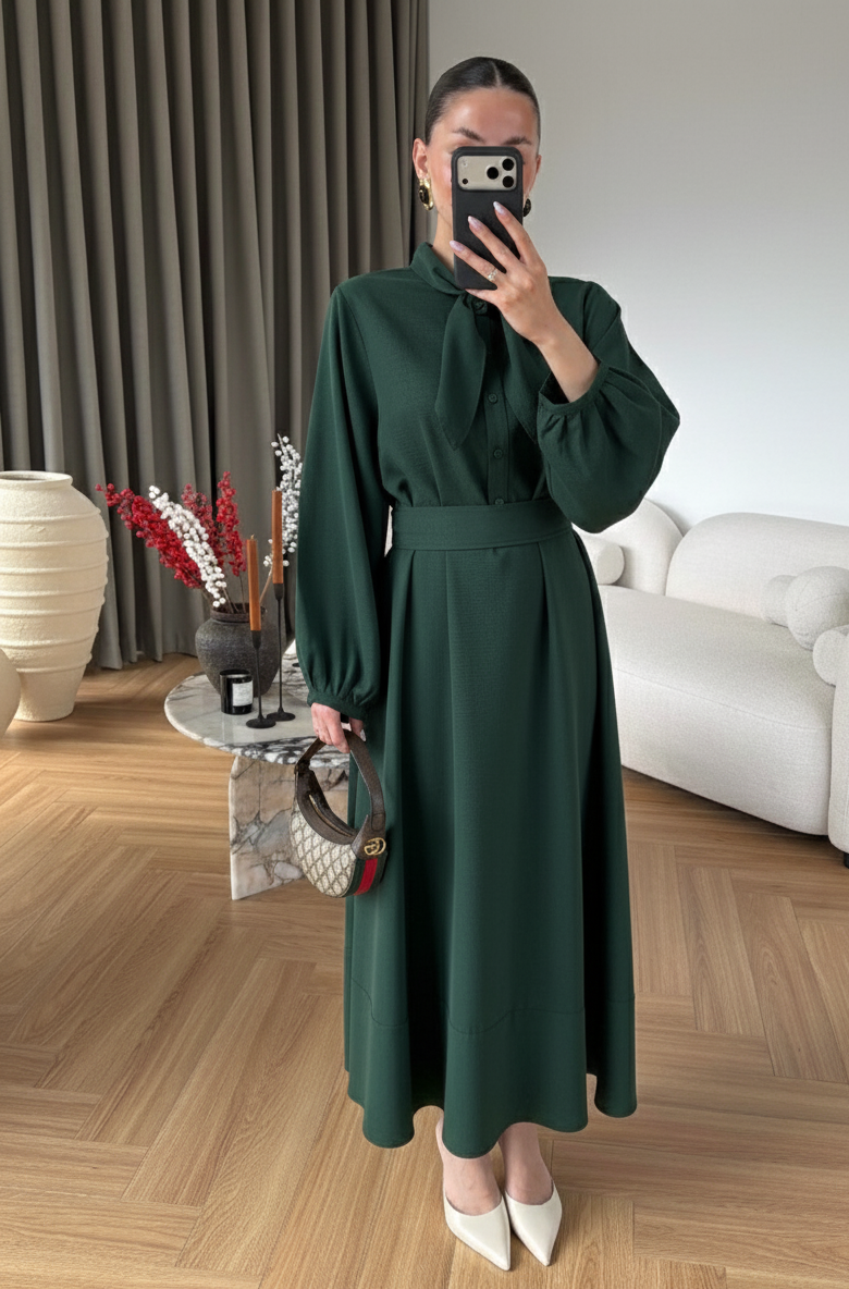 Ayşima Yaka Detaylı Elbise YEŞİL