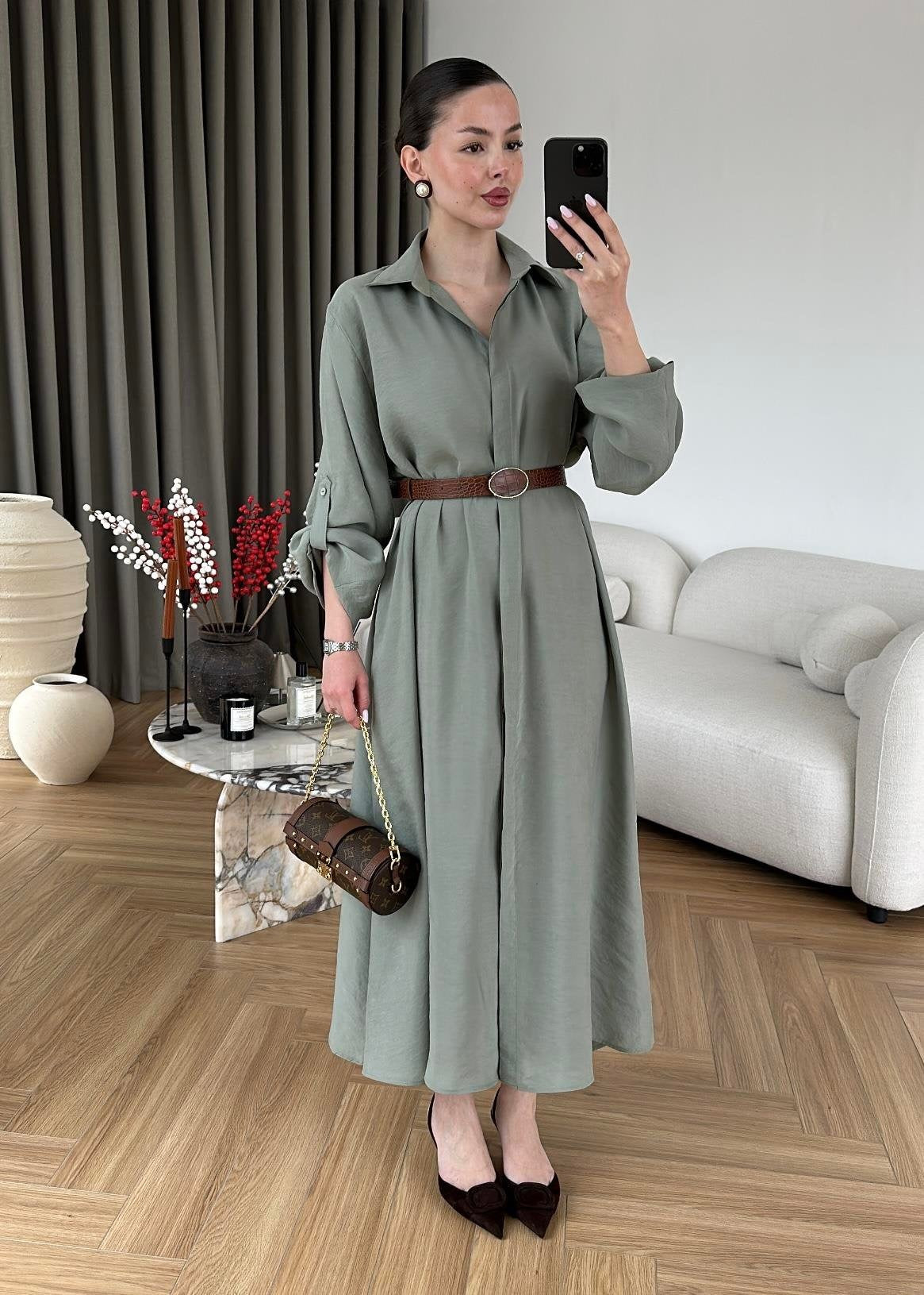 Deri Kemerli Tensel Elbise MİNT YEŞİLİ